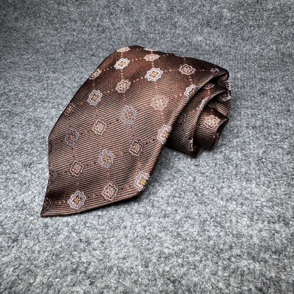 Canali Geometric Floral Medallion Brown Silk Necktie Made in Italy